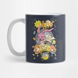 HAPPY EASTER with Cartoony Old Man Joe & the CUTEST Easter Bunny EVER Hand Drawn One of a Kind Art Clothing Mug